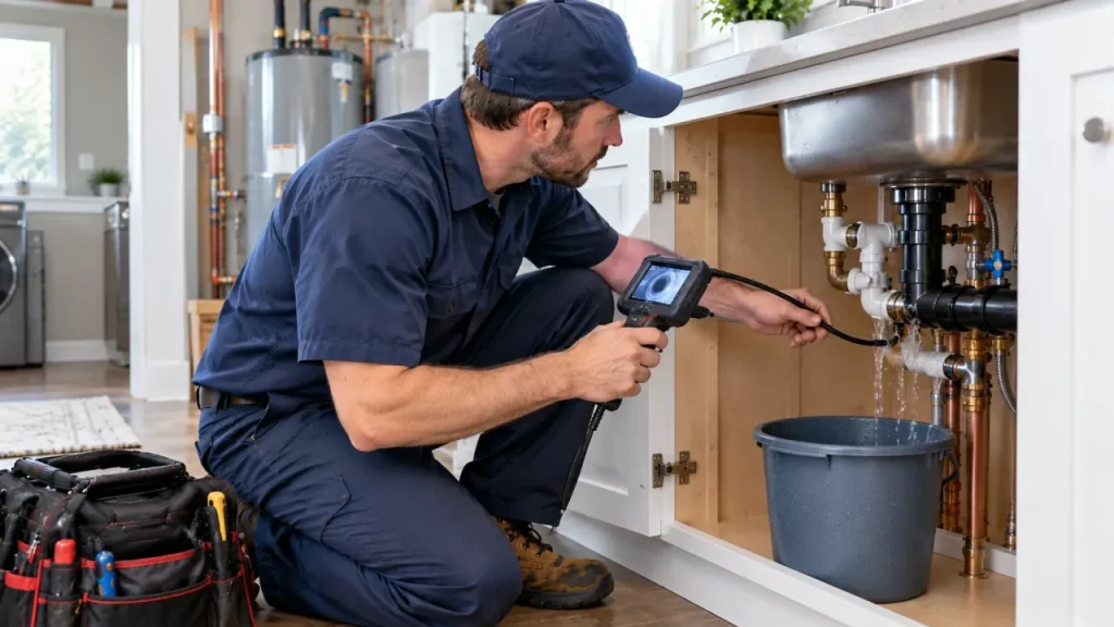 Plumber diagnosing common plumbing problems in Shady Side MD