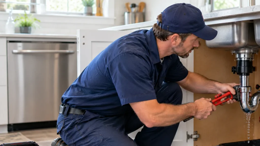 Plumber repairing a leaking residential pipe in Shady Side MD
