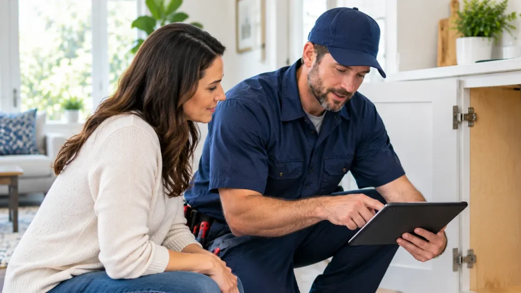 Homeowner comparing plumbing service options with a professional plumber