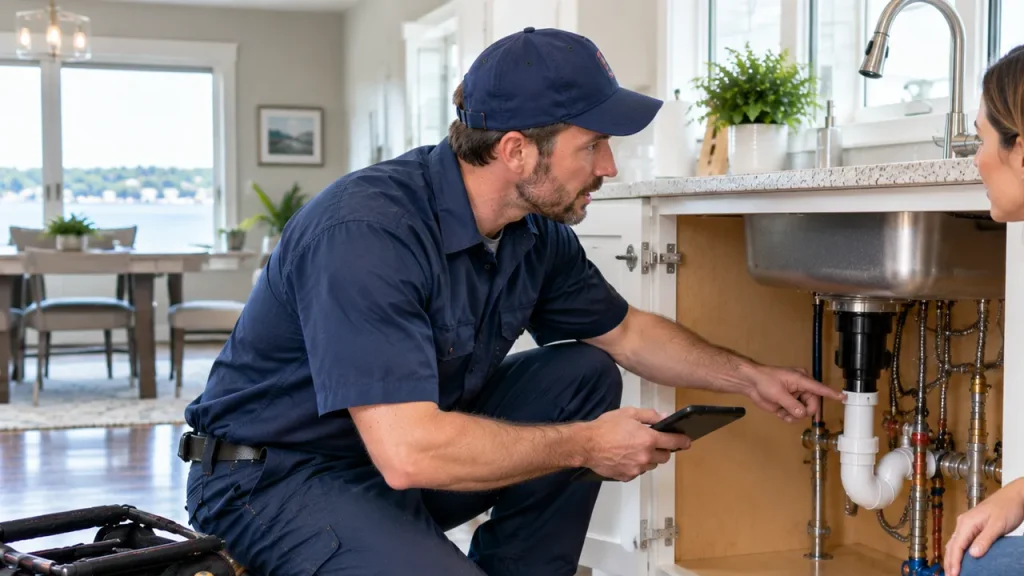 Homeowner discussing plumbing services with a local plumber in Shady Side MD